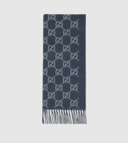Bonnet et Écharpe en jacquard de cachemire GG bleu marine et bleu clair