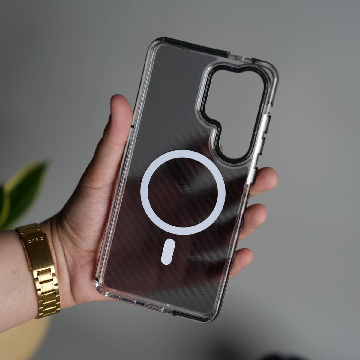 Galaxy S26 Ultra Carbon Texture Transparent Metal Camera Ring MagSafe Cover